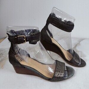 UGG Char Black Shimmer Leather Wedge Ankle Strap Sandals, Sz 7